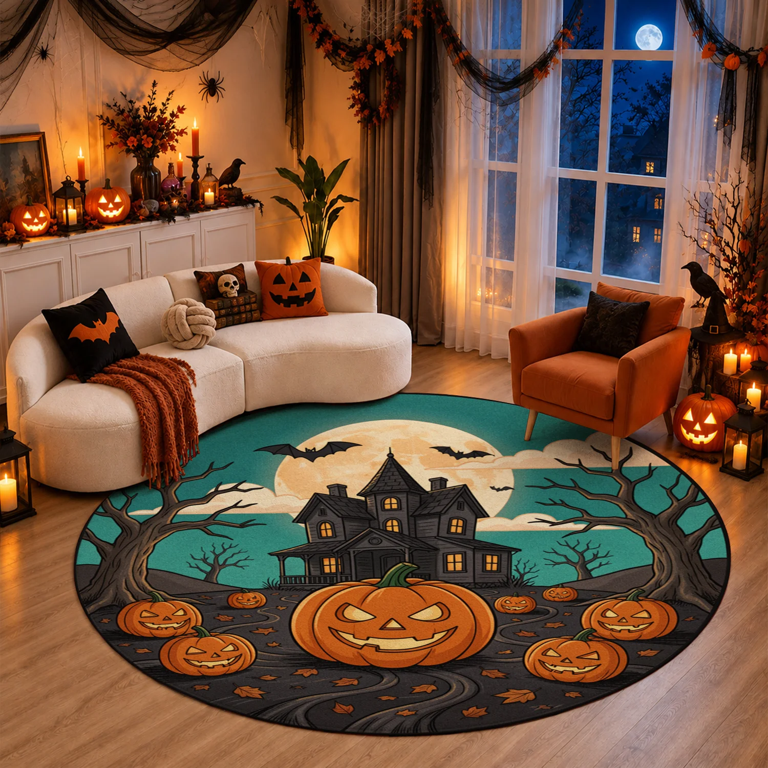 Halloween Haunted House Pumpkin Bat Velvet Rug Machine Washable for Living Room Bedroom Entryway Thanksgiving Christmas New Year Black Friday