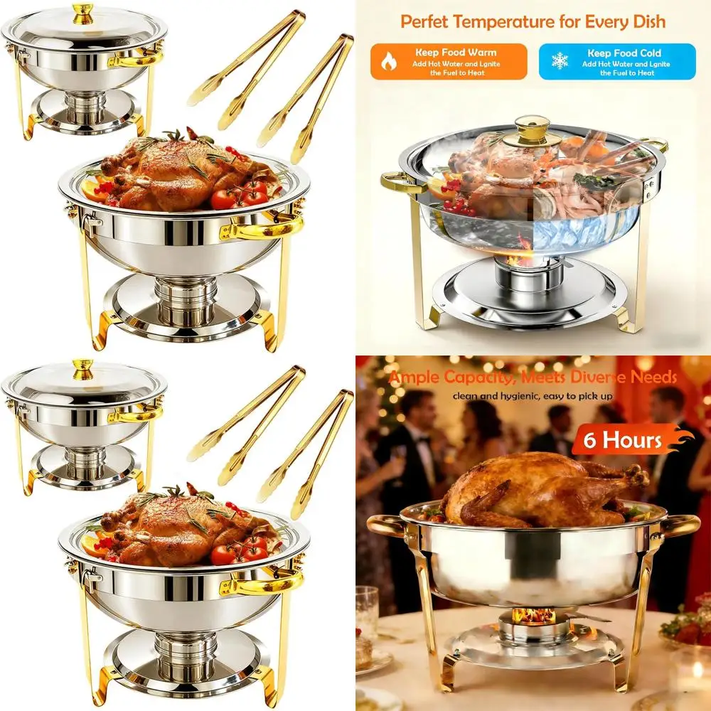 

Набор из 2-х сервировочных блюд с золотыми щипцами, подставкой из нержавеющей стали и подогреваемым подносом для вечеринок и особых мероприятий