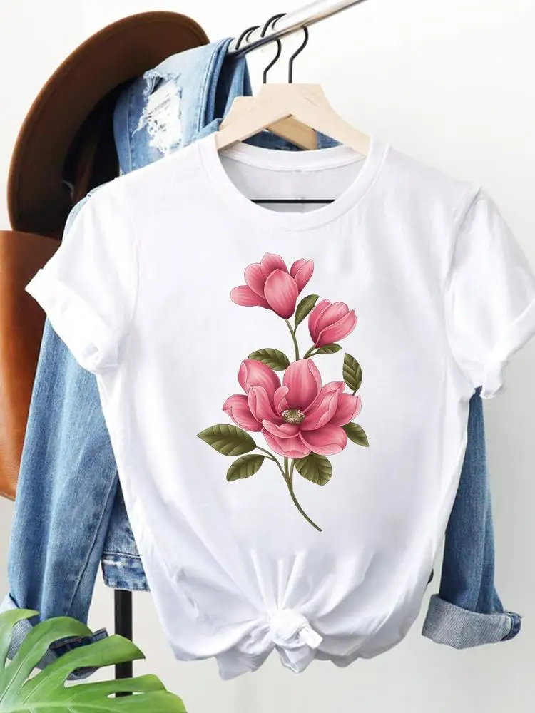 

Women Fashion Casual Print Top Short Sleeve Lady O-neck T Shirt Flower Sweet 90s Cute Trend Clothing Graphic Tee T-shirt