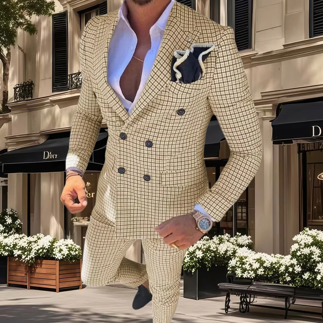 

Высококачественный мужской двубортный клетчатый пиджак и брюки, комплект из двух предметов с пиковыми лацканами, деловой костюм для жениха, банкета