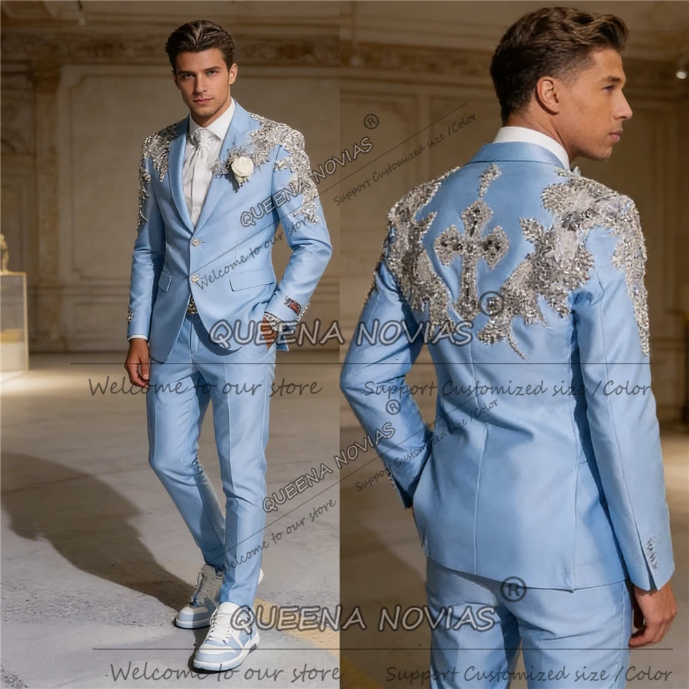 

Роскошные синие костюмы для мужчин на свадьбу с бисерной отделкой и аппликациями, пиджаки для выпускного вечера, индивидуальный пошив, комплекты из 2 предметов, формальная одежда для мужчин, наряды для вечеринок.