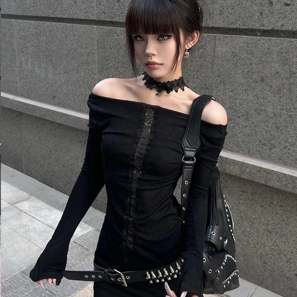 South Koreawomen's T-Shirt 2000S Clothes Y2K Korean Fashion Long Sleeve Hotsweet Tees Female Goth Skinny Hollow Out Off Shoulder