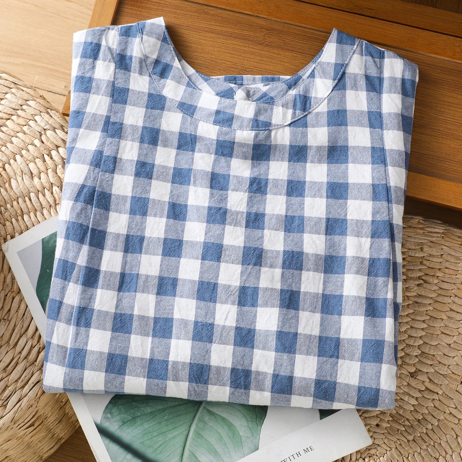 Summer  Blue White Plaid Folded Sleeveless Women's Versatile Thin Shirt T-Shirt Small Top Cotton Material Thin Model