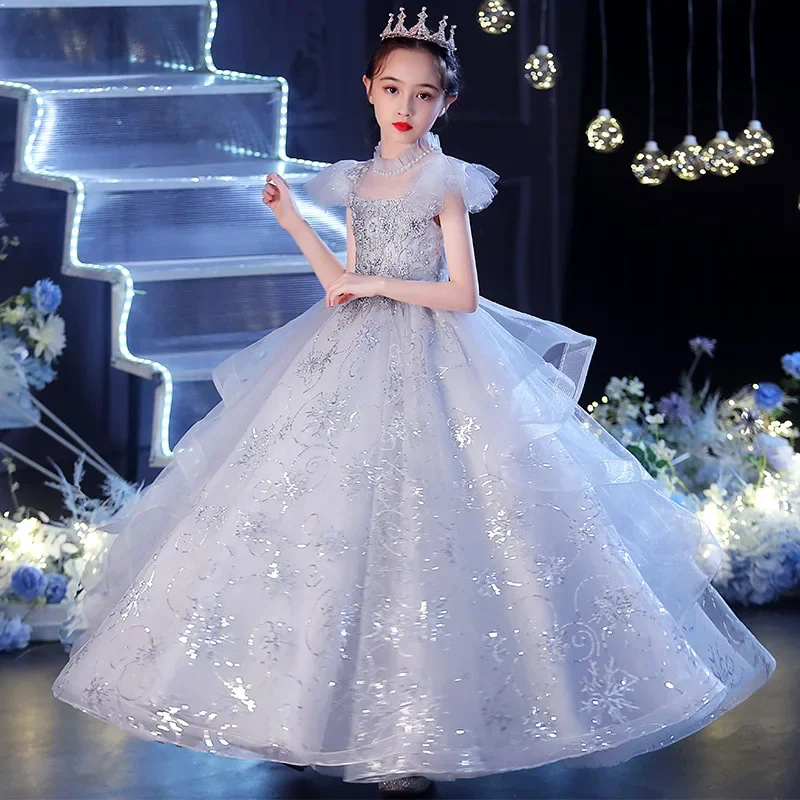 Baby Kids Dresses For Party Wedding Dress Pearl Sequins embroidery Children Pageant Long gown baby Princess Tulle long Dress