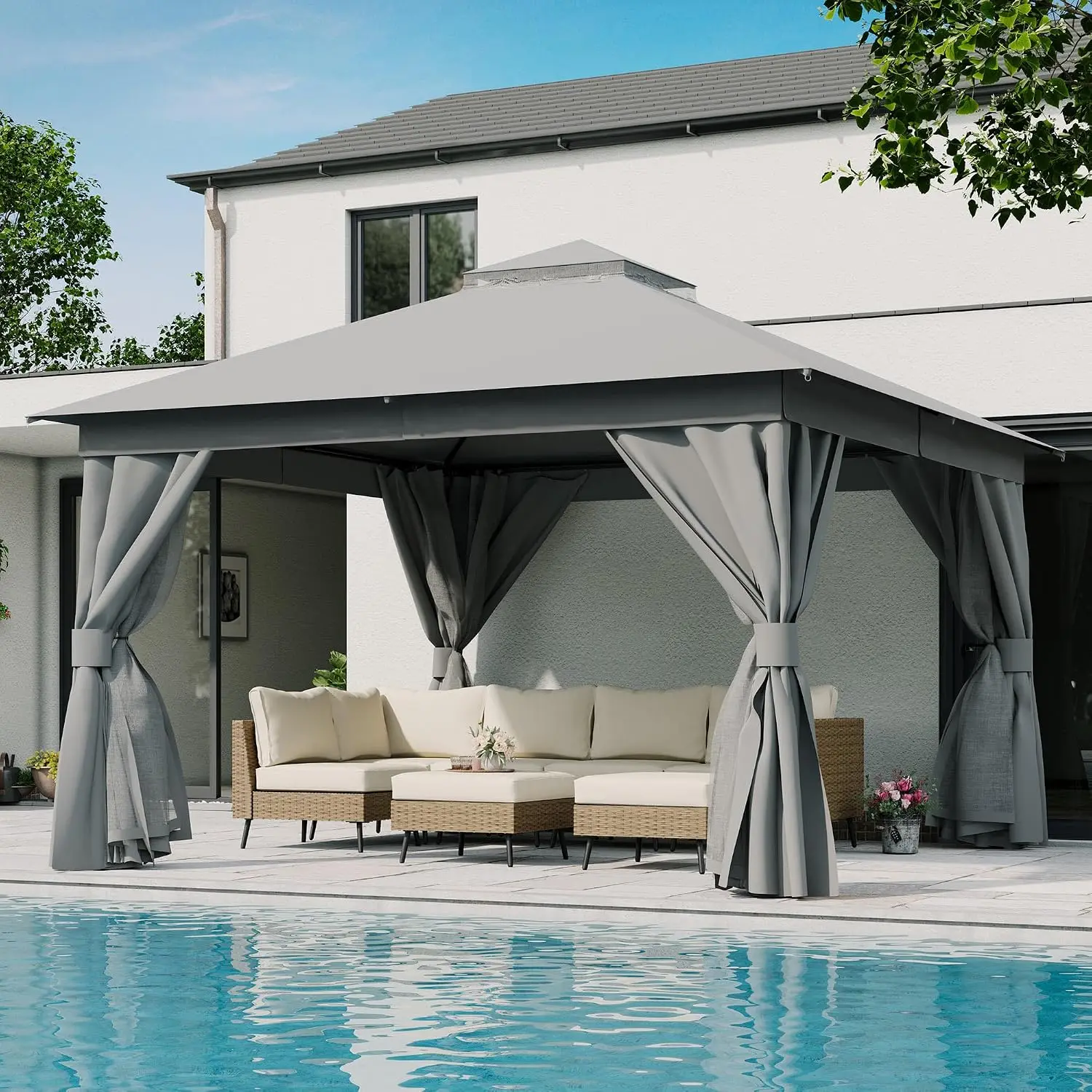 12x12ft Metal Frame Outdoor Gazebo with Double Roof Mosquito Net Privacy Screen for Backyard Garden Lawn, Customized