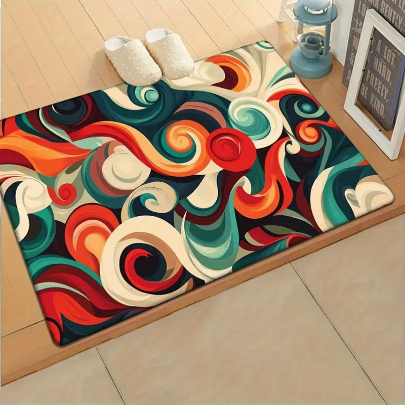 1pc Vibrant Abstract Swirl Flannel Door Mat - Non-Slip, Machine Washable, Soft Comfort Floor Mat for Entryway, Kitchen, Living R