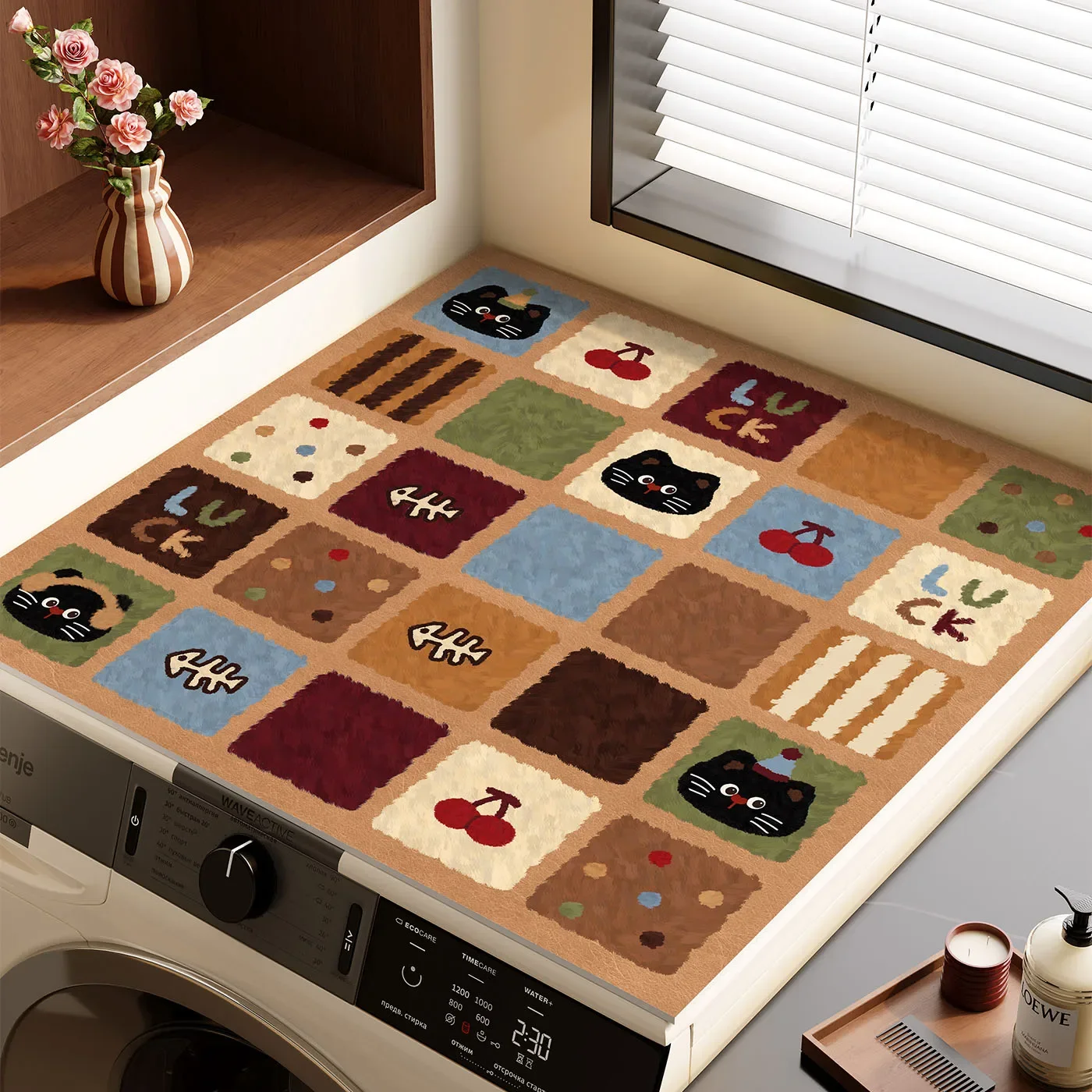 VIKAMA Patchwork Cartoon Dog Washing Machine Top Mat Puppy Paw Print Waterproof Anti Dust Pad For Dryer Cabinet