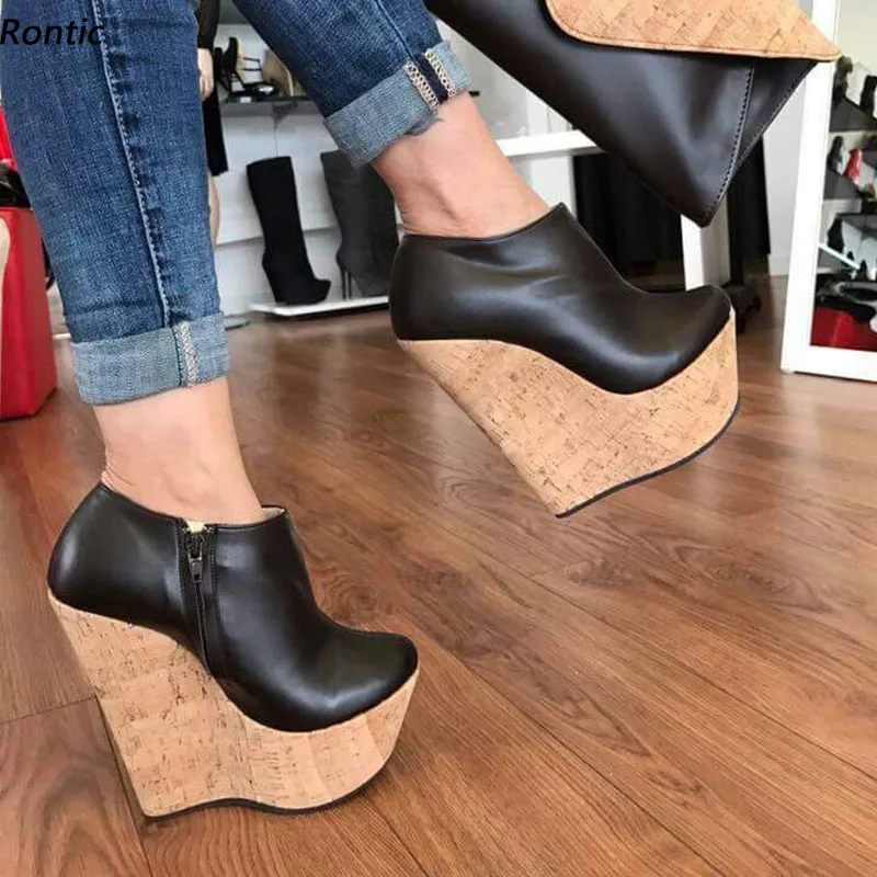 Rontic New Handmade Women Platform Pumps Cork Wedges Heel Round Toe Pretty Black Casual Shoes US Plus Size 5-20