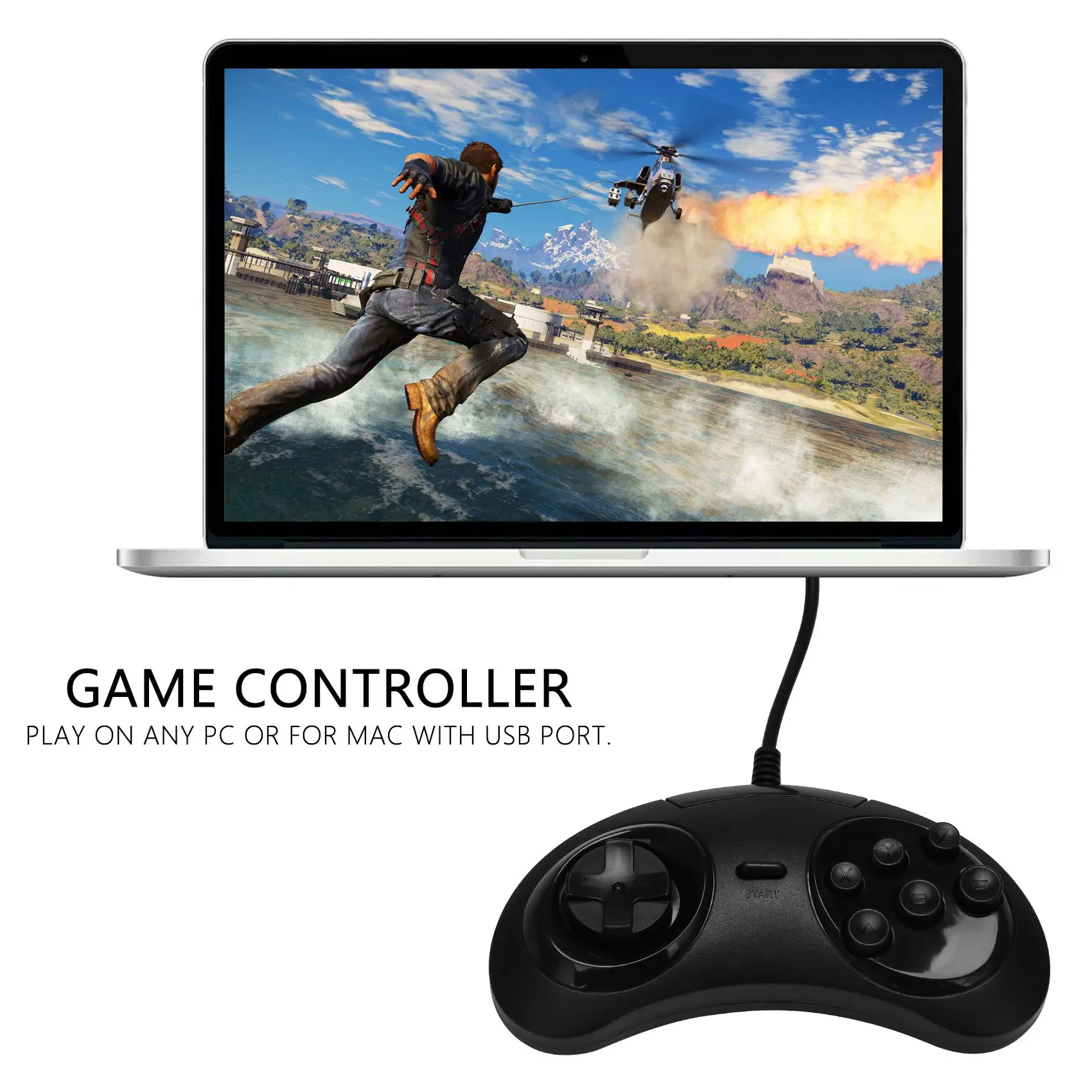 Gamepad con cable, controlador de juego Usb de 6 teclas, Joypad para Sega Genesis / Md Pc / 2 Y1301 / Mac Mega Drive, plástico negro