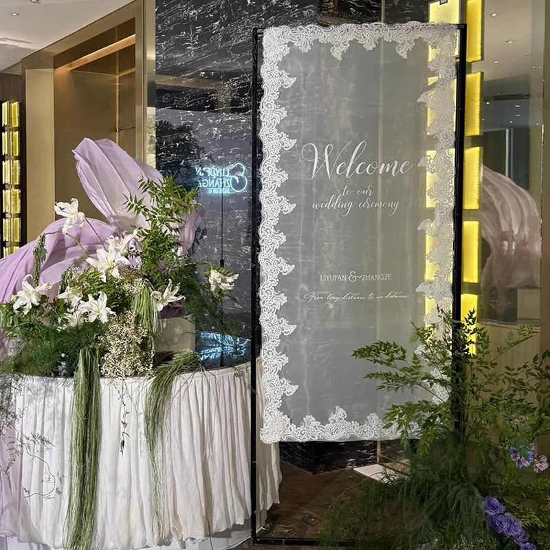 

Outdoor Lawn Wedding Lace Hanging Cloth For Wedding Welcome Area photography Backdrops Decoration， Arch DIY Name Hanging Gauze