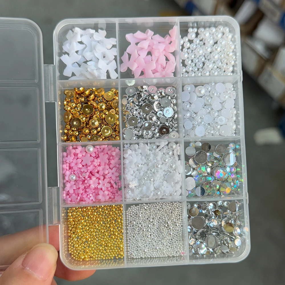 12 grades/caixa colorido bowknot pérola prego encantos 3d resina mista arco rosa/branco pérola coração estrela lua prego strass peças kawaii