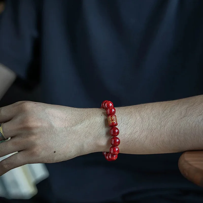 Natural Cinnabar Crystal Sand Round Bead Bracelet Gold Foil Gilded Buddha Charm Bracelet Oriental Amulet Meditation Bracelet
