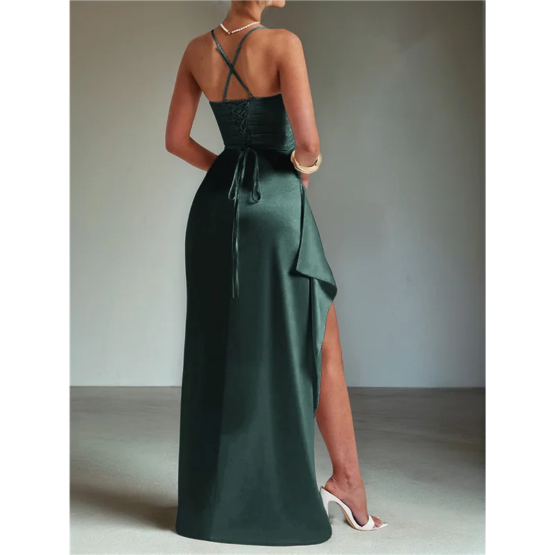 ABRT-Women's Ruffled Satin Spaghetti Strap Ball Gown Bridesmaid Dress Long