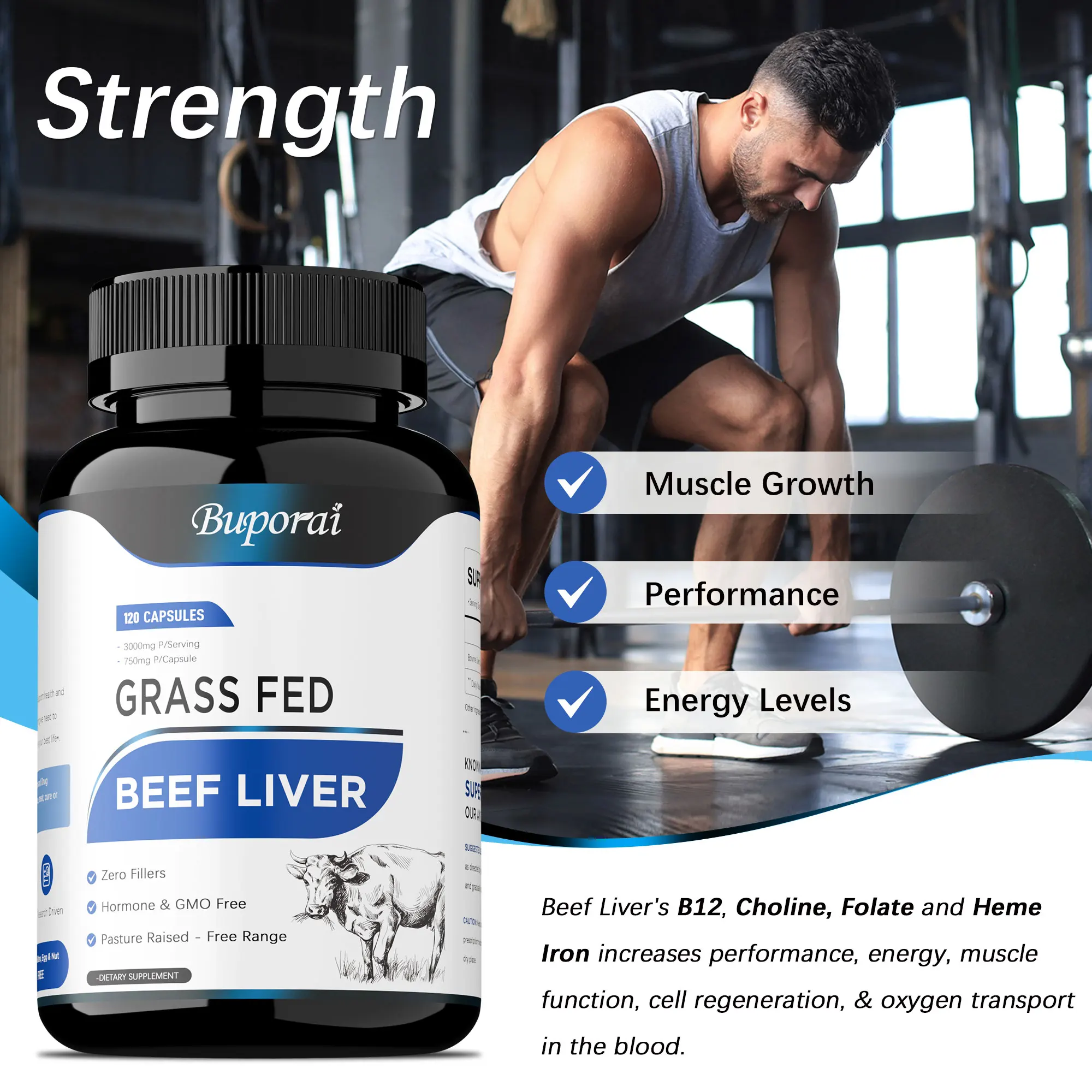 كبسولات كبد لحم البقر من جراس فيد - تعزز إنتاج خلايا الدم الحمراء، ويزيد من مستويات الطاقة، ويحسن صحة البشرة والرؤية