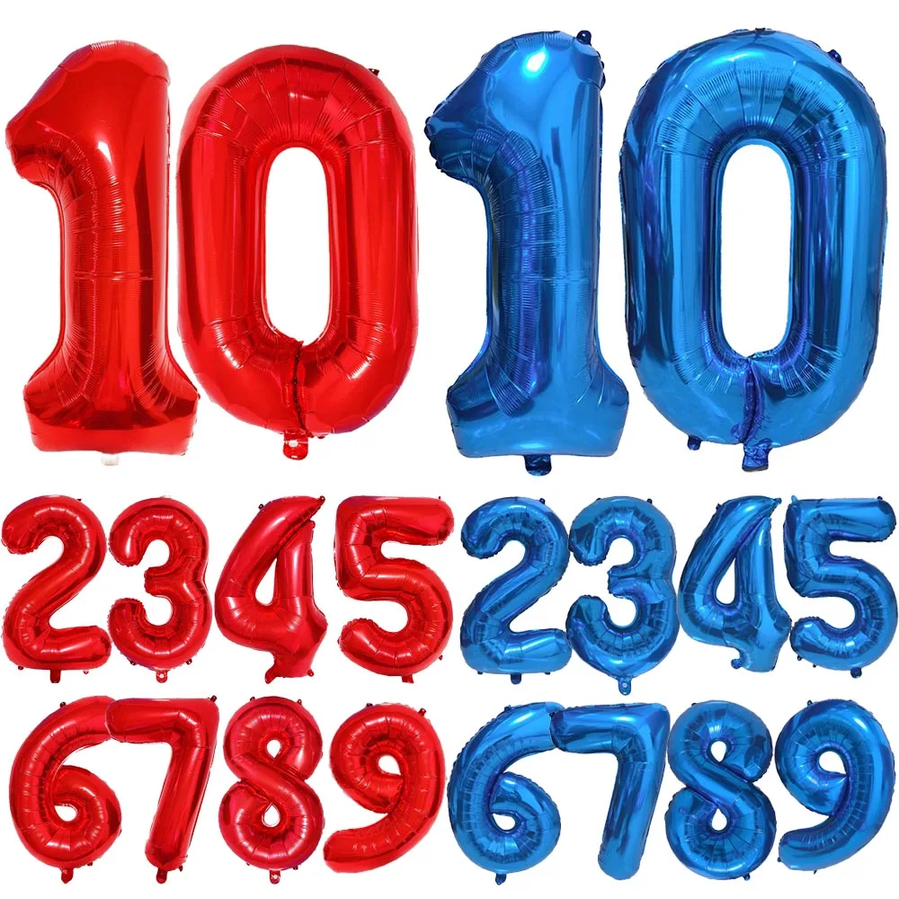 بالونات أرقام مقاس 32 بوصة باللون الأزرق والأحمر 0-9 أرقام لحفلات أعياد ميلاد الأطفال ومستلزمات تزيين الحمام بالونات رقمية