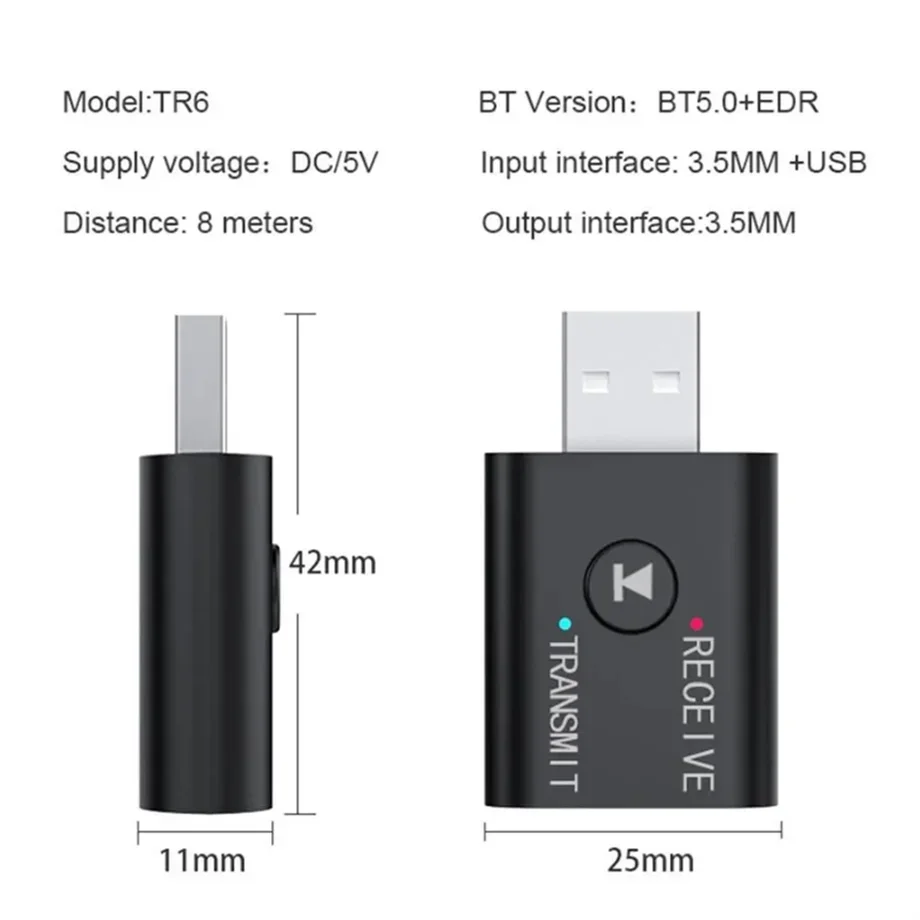 GRWIBEOU Transmisor y receptor de audio Bluetooth 5.0 con AUX/RCA/USB de 3,5 mm, adaptador estéreo inalámbrico para automóvil/TV/altavoz/auriculares
