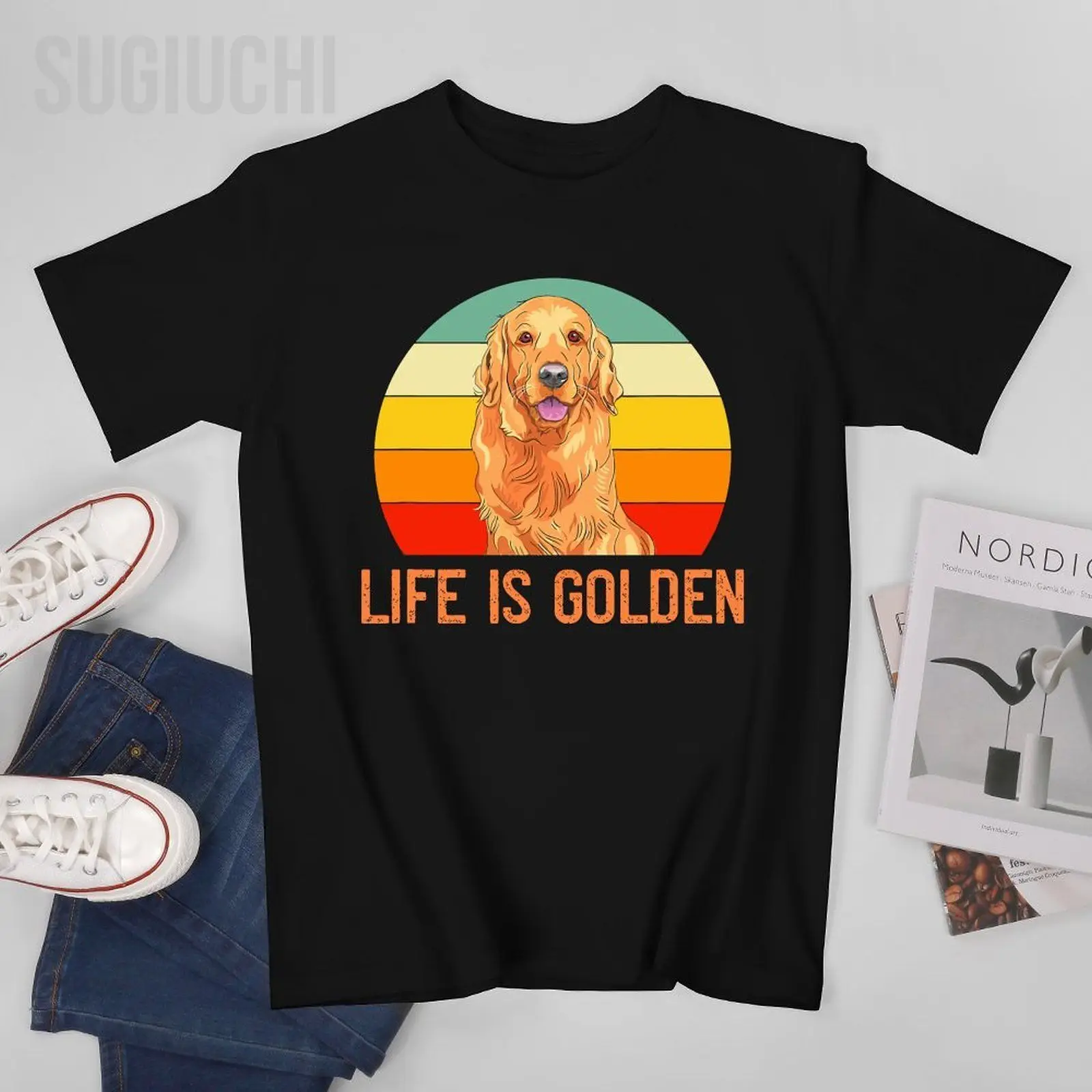 Unisex Men Funny Golden Retriever Life Is Golden Vintage Dog Lover Tshirt Tees T Shirts Women Boys 100% Cotton T-Shirt