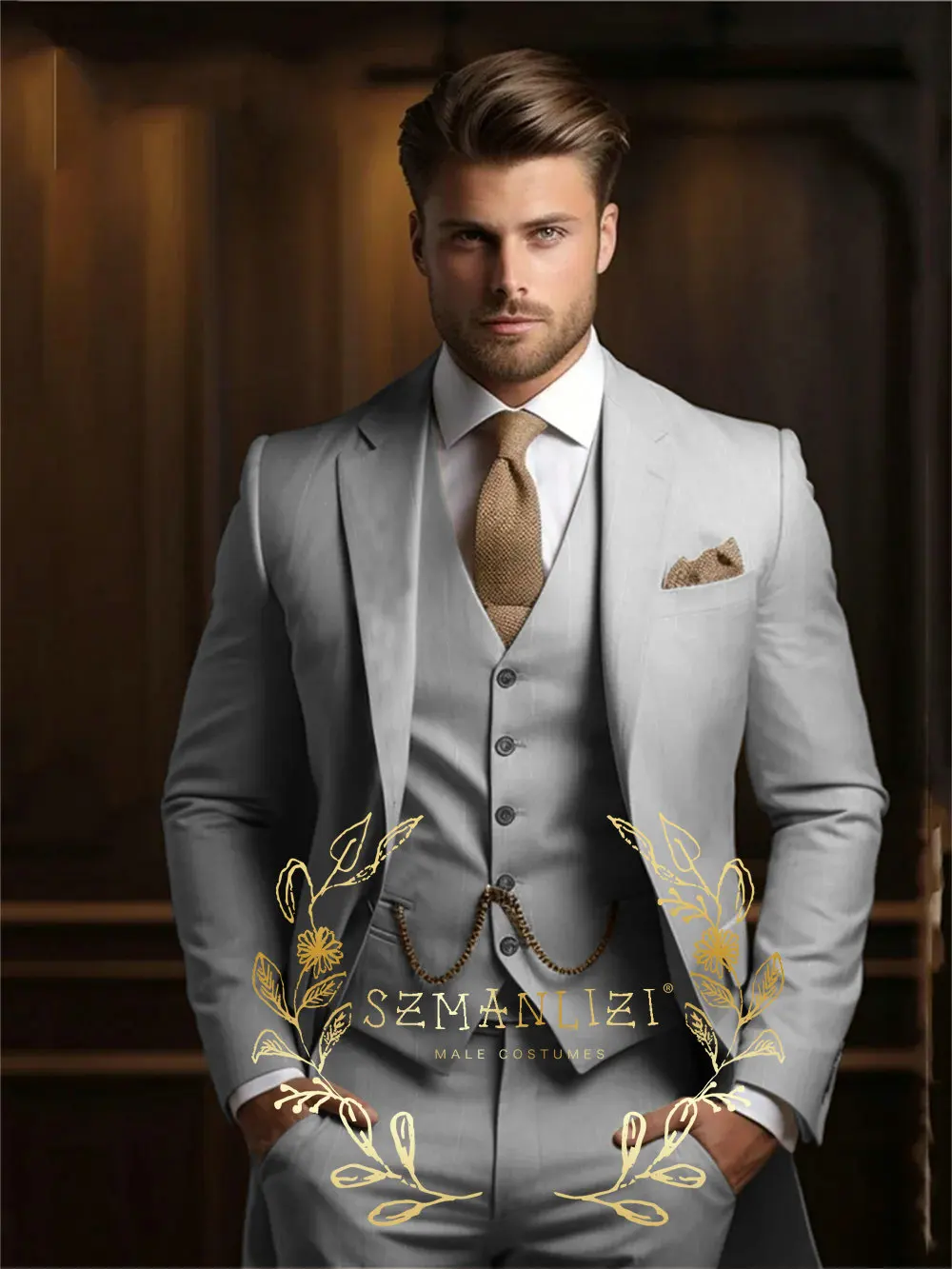 Casual Beige Wedding Suits For Men Custom Made 3 Piece Jacket Vest Pants Set Formal Groom Peaked Lapel Tuxedos Costume Homme