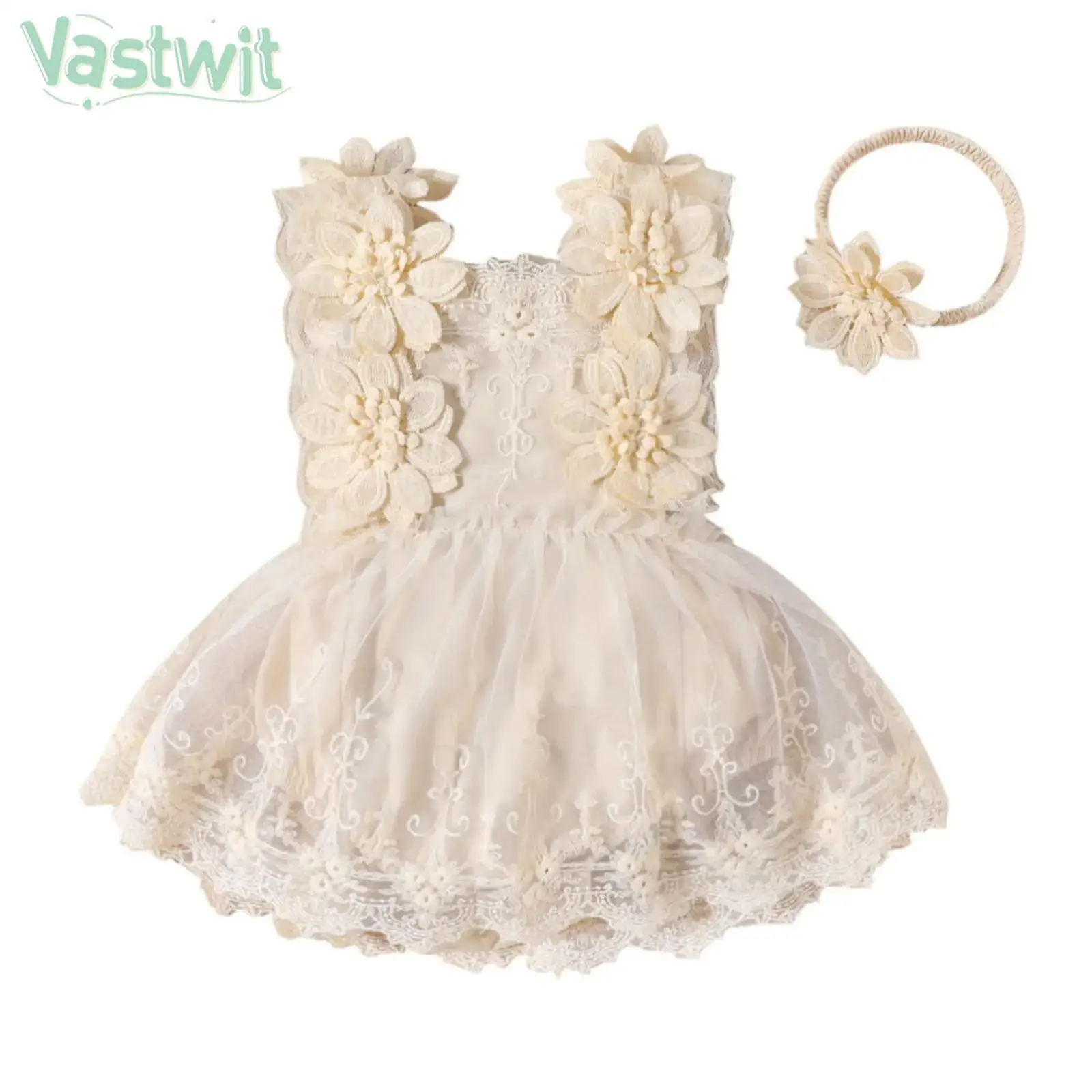 Toddler Wedding Flower Girls Dress Elegant Baptism Birthday Party Dress Sleeveless Lace Tulle Romper Princess Tutu with Headband