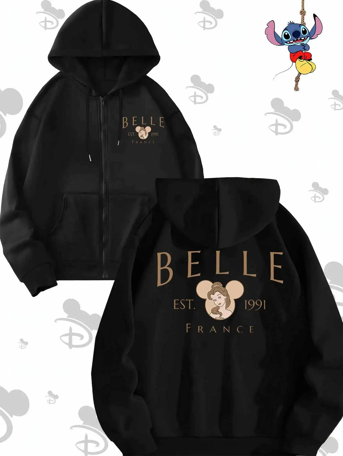 سترة ديزني "الجميلة والوحش" أنيقة ذات طابع حسناء وطباعة تذكارية بغطاء للرأس وسحاب للخريف والشتاء