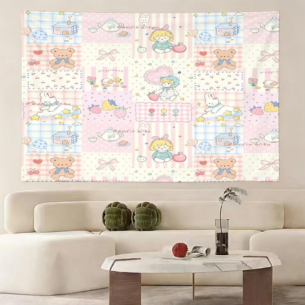 VIKAMA Japanese Soft Cute Patchwork Tapestry, Pink Grid Cartoon Heart Wall Art for Bedroom Living Room Dorm