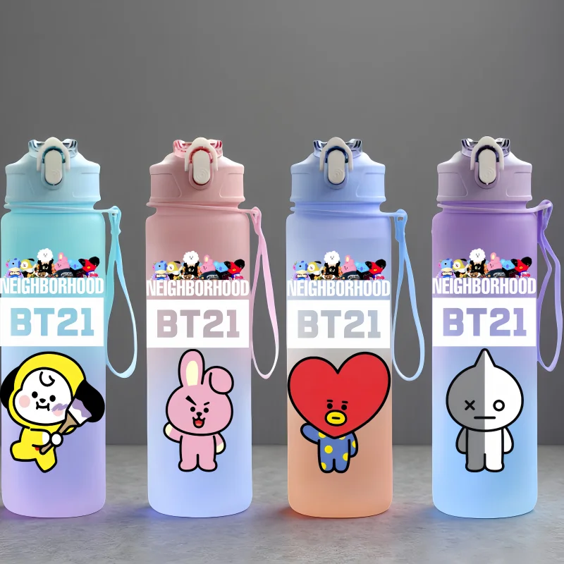 زجاجة مياه BT21 - زجاجة محمولة خارجية ذات سعة كبيرة مع حبل - هدية للأولاد والبنات
