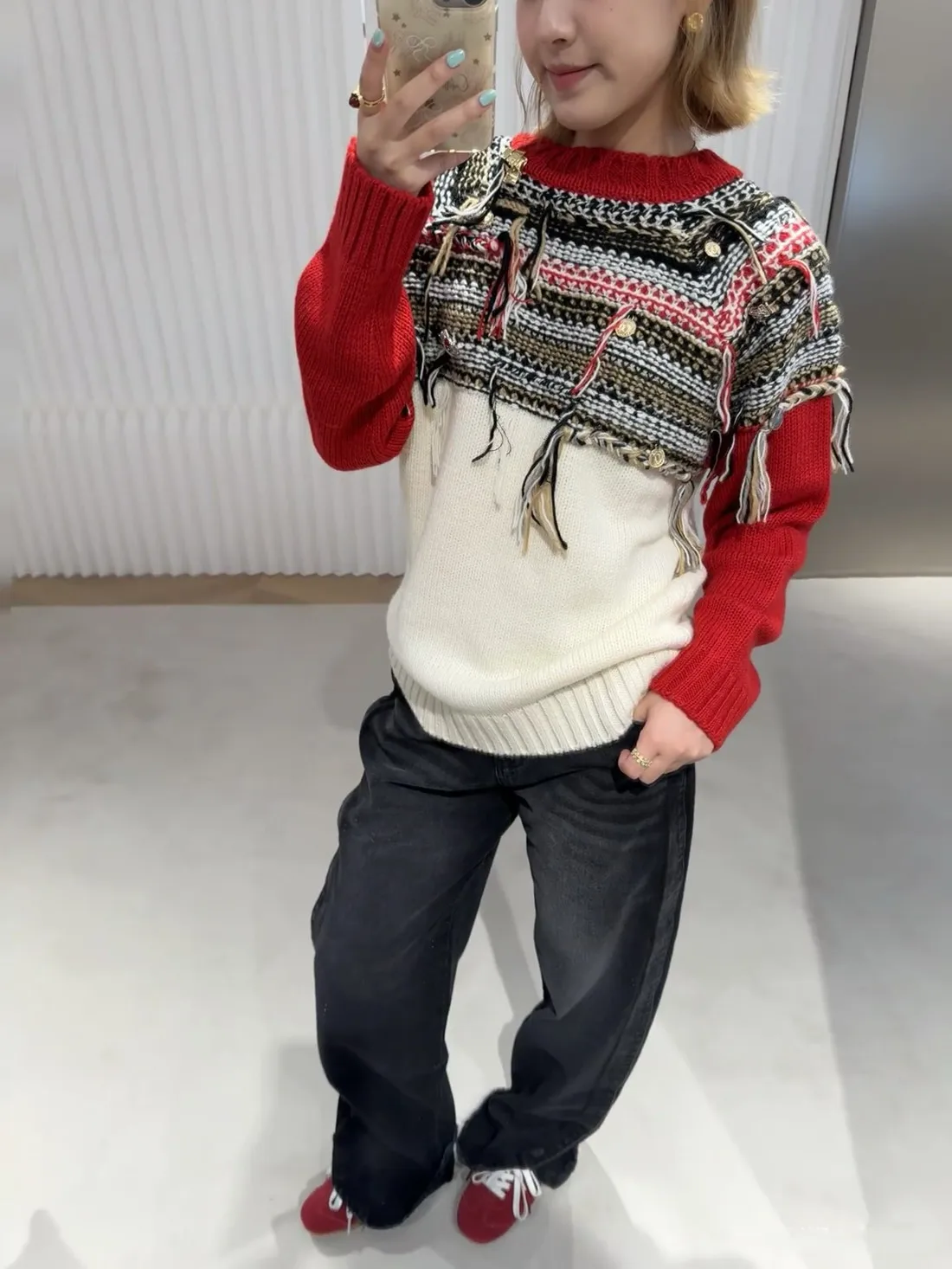 High-End European Fashion Design Loose Knitted Sweater Tassel Detail Color Block Fair Isle Style Versatile Women's Top