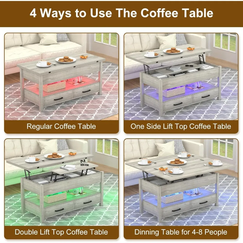 42'' Lift Top Coffee Table With LED, 4-in-1 Multifunctional Coffee Table With Drawers And Hidden Compartments, Converts To Dinin
