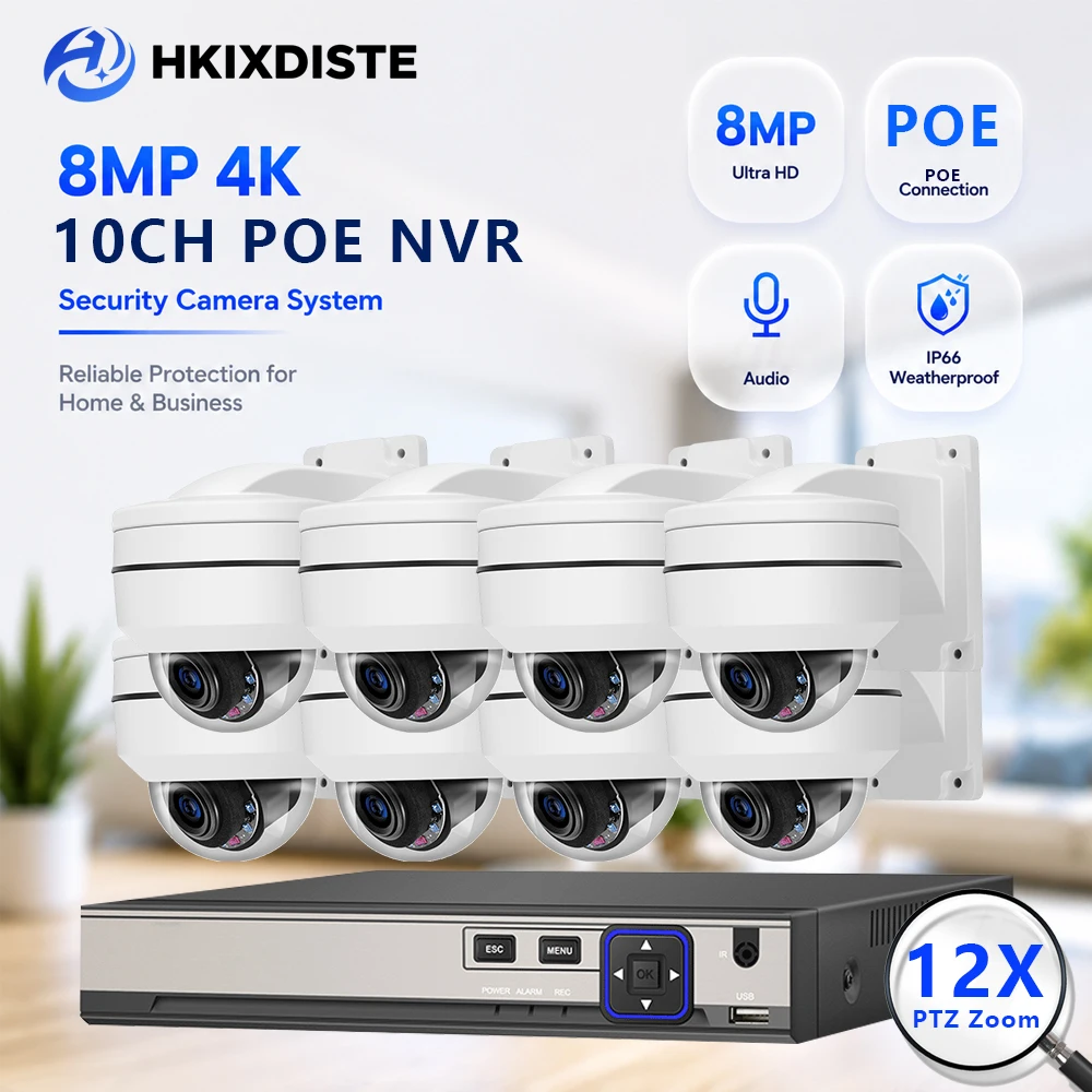12X Optical PTZ Zoom Explosion-Proof 4K Audio POE IP Dome Home Security Surveillance Camera System 10CH NVR Video H.265 CCTV Kit