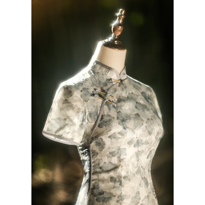 

Gray Chinese National Cheongsam Vintage Elegant Women Slim Long Dress Female Floral Qipao S to 2XL