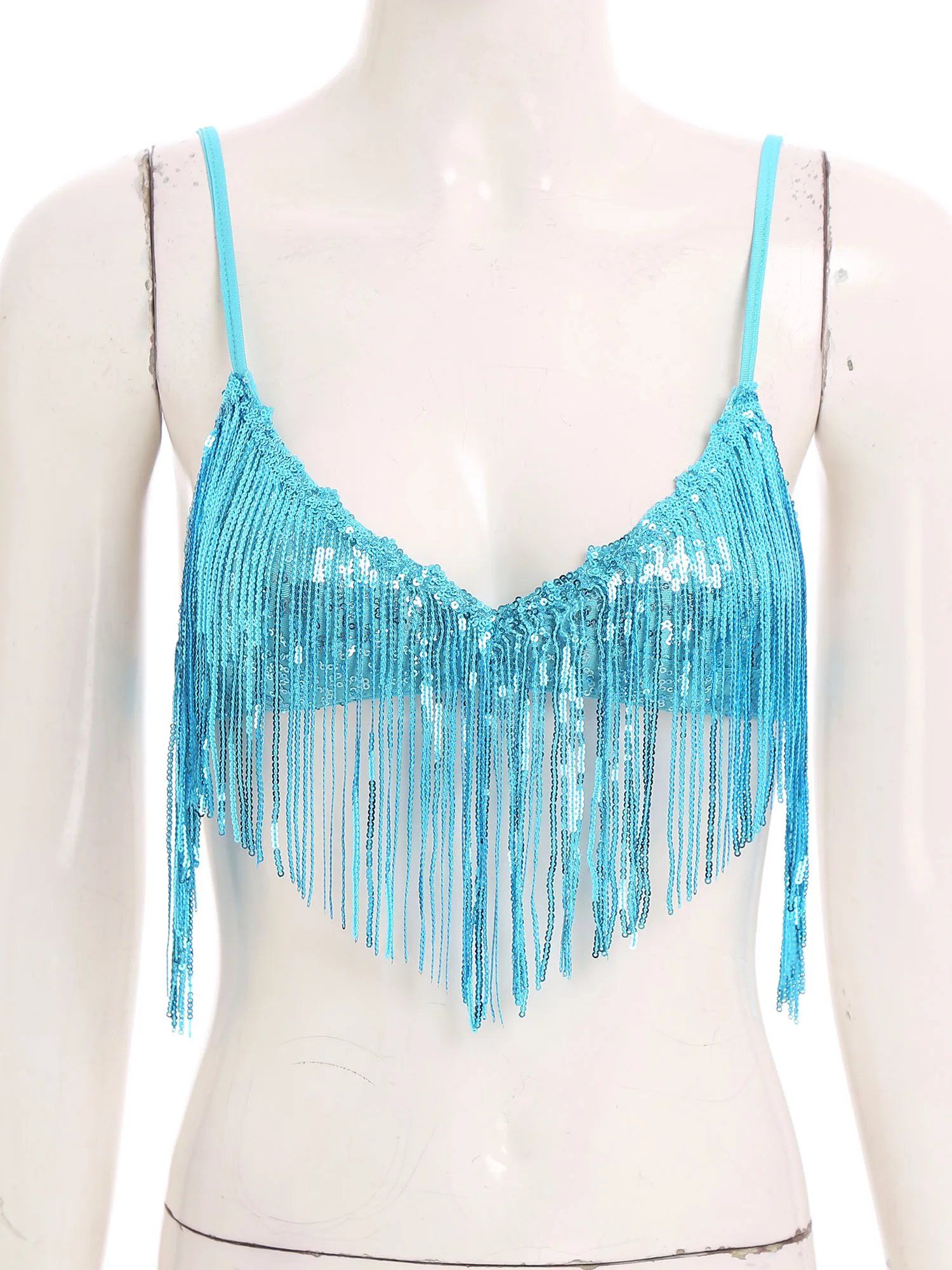 Damen-BH mit glänzenden Pailletten, Quasten, Bauchtanz-BH, Oberteil, Swing-Fransen, Spaghettiträger, abgeschnittenes Leibchen, ohne Polster, kabellose Bralette, Tanzbekleidung