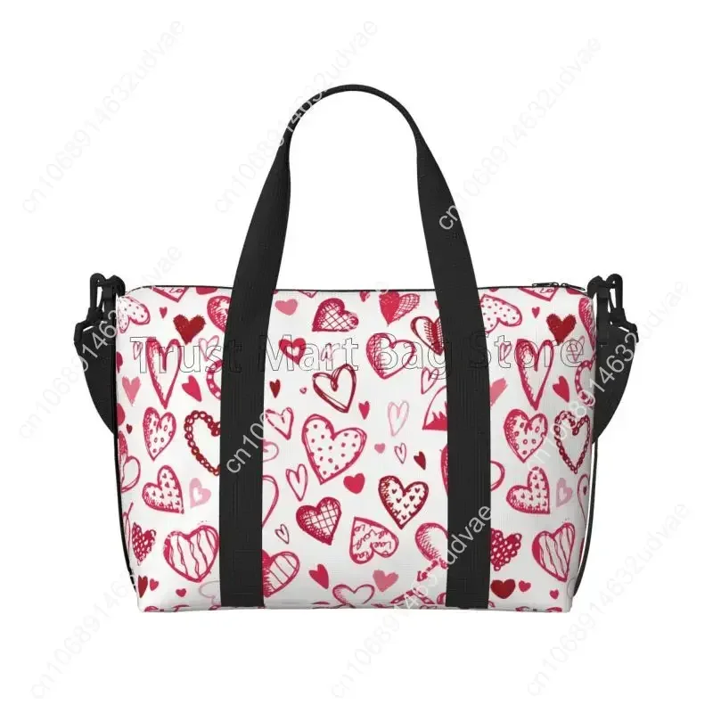 Red Love Hearts Pattern Travel Duffel Bag for Women Workout Weekender Overnight Bags Large Capacity Waterproof Luggage Handbag