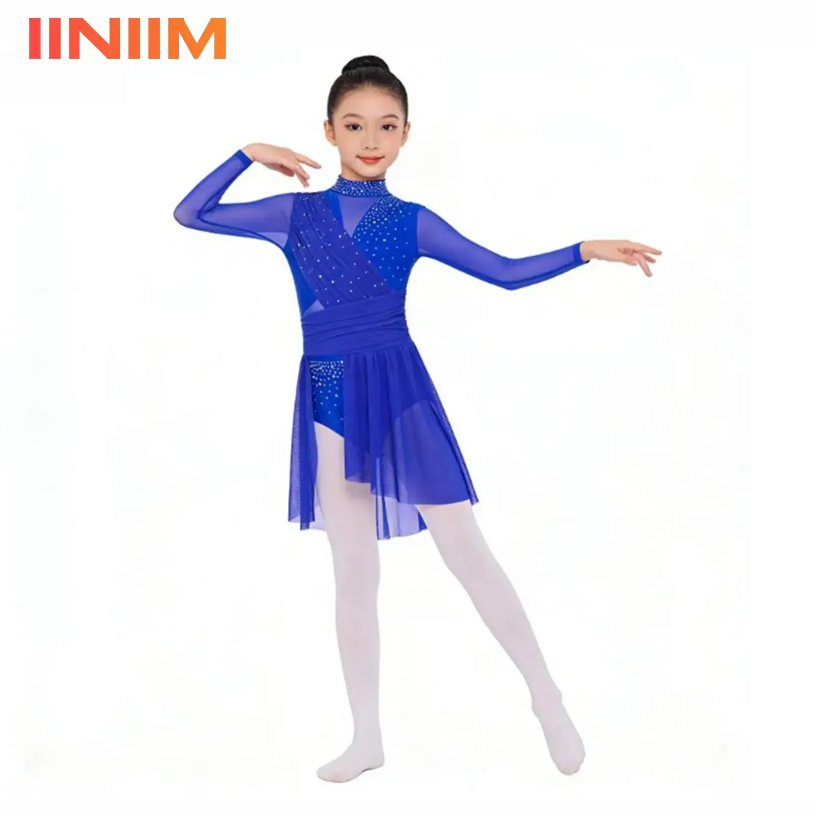 

Kids Girls Gymnastics Skating Ballet Jersey Glittery Rhinestones Lyrical Dance Costume Dress Side Split Sheer Mesh Ruched Dress