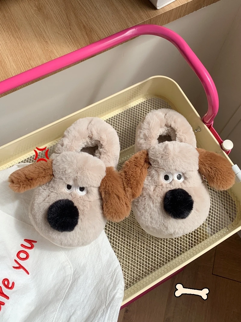 Cute Puppy Home Slippers For Couple Cotton Slippers For Men And Women Cute Winter Leader Dog Plush Warm Bag And Home Shoes