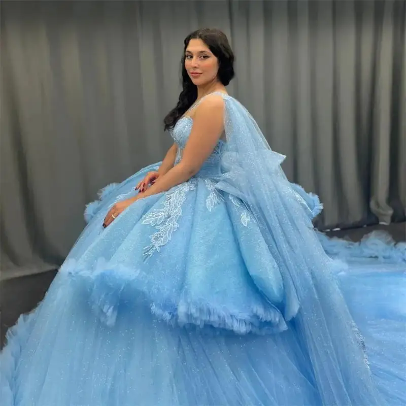 Amazing Blue Ruched Train 15 Year Quinceanera Dresses Ball Gown Ruffles Bow Beads Applique 2025 Birthday Luxury Dress Customized