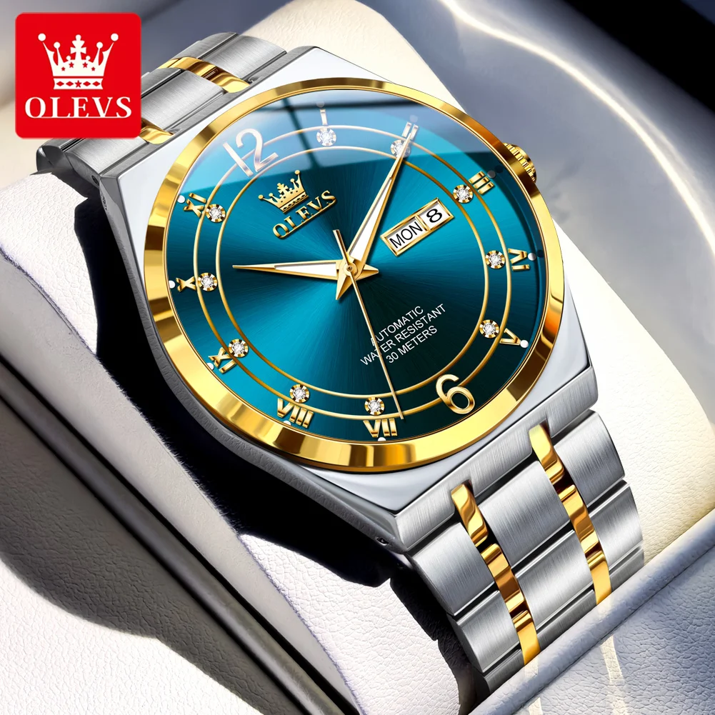 

OLEVS синие автоматические механические часы мужские со стразами из нержавеющей стали водонепроницаемые светящиеся деловые часы с датой reloj