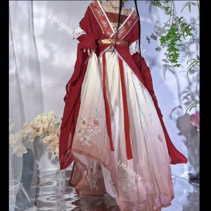 

Retro Chinese Style Red Vestido Hanfu Dress Cosplay Women Traditional Print Long Skirt 5 Piece Set Elegant Girls Party Skirt Set