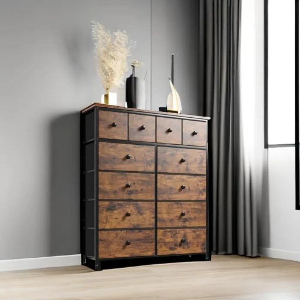 Dresser,Dresser for Bedroom with 12 Drawers Dressers & Chests of Drawers for Bedroom, Living Room,Wood Top Metal Frame