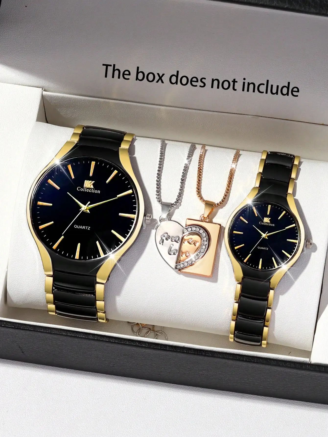 

Набор из 4 часов для пары и кулона в форме сердца - черный керамический ремешок, золотистый оттенок, кварцевый механизм