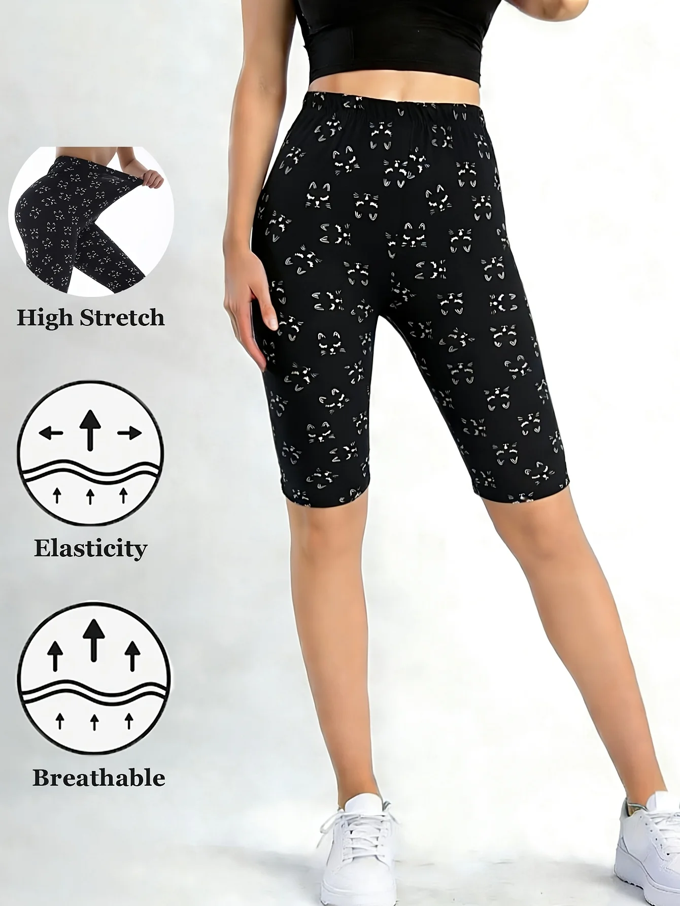 Cute Edgy Cat Print Leggings Soft  Comfortable Yoga Workout Pants Stylish Casual Cycling Shorts Versatile Tights