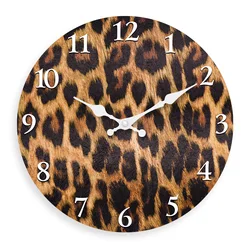 Wild Leopard Print Pattern Wooden Wall Clock for Living Room, Bedroom, Kitchen, Home Decoration, Silent Quartz Clock, Holiday Gift, 10 Inches, 12 Inches (No Battery)