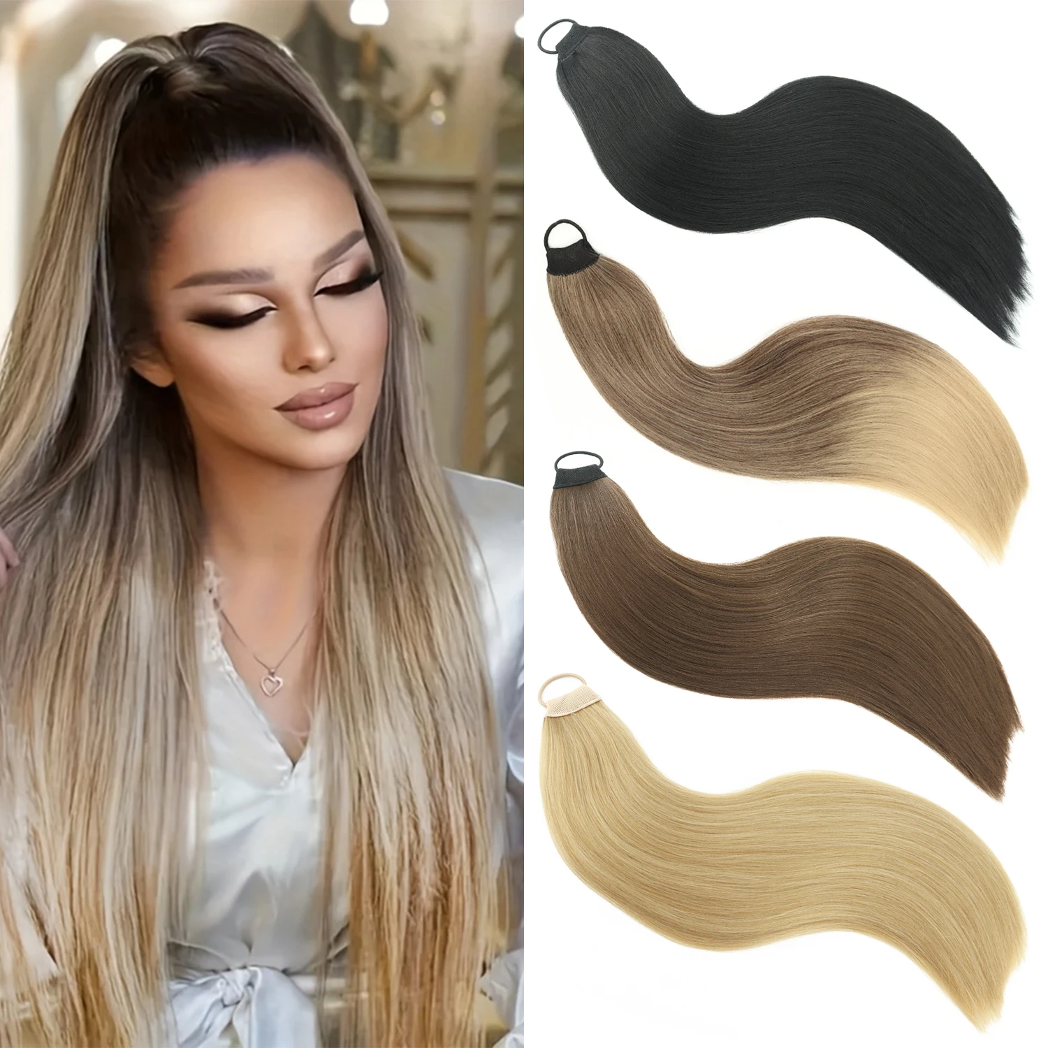 

Synthetic 24Inch Long Straight Hair Ponytail With Elastic Band Black Brown Fluffy Ponytail Hair Extensions For Women