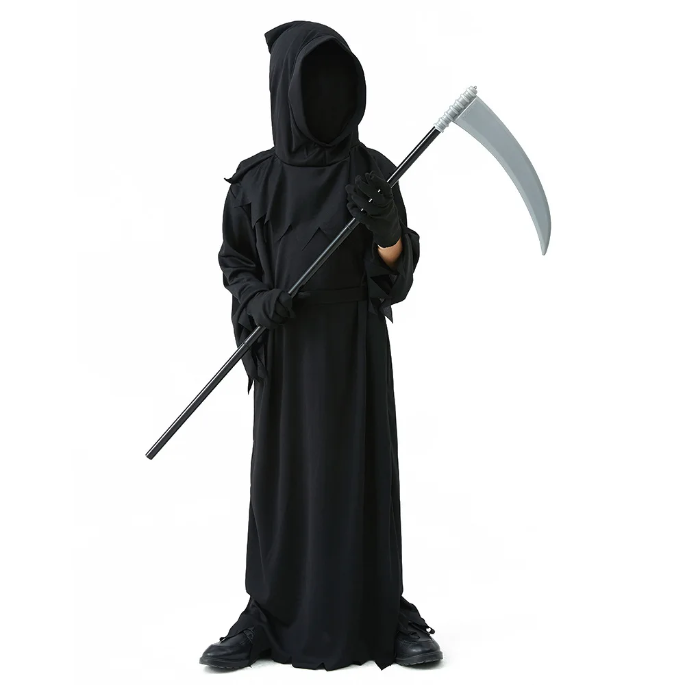 Disfraz de Halloween para niños, disfraz de esqueleto aterrador Grim Reaper, ojos rojos brillantes, bata de fantasma Grim Reaper, enviar accesorios de guadaña