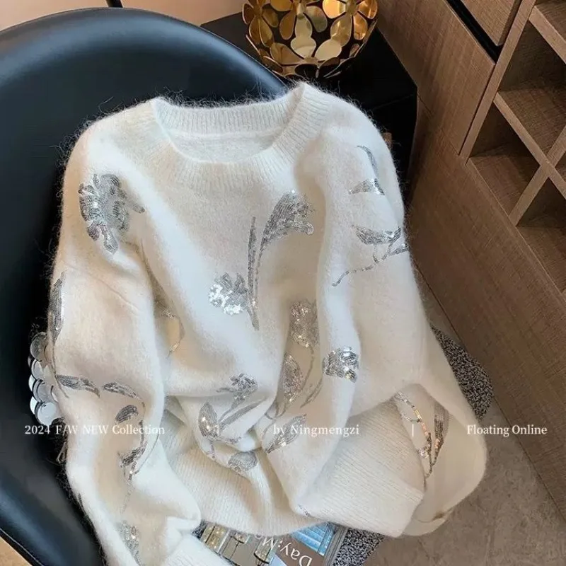 

Autumn Winter Fashion Sequined Knitted Sweaters Women Loose Casual O-neck Chic Thick Pullover Jumper Knitwear