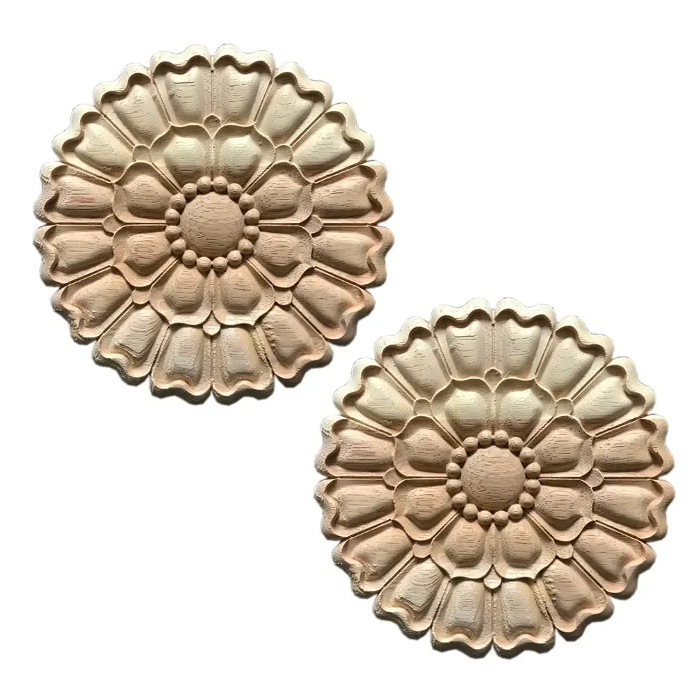 2pcs Wood Carved Onlay Applique Unpainted Round Flower Walls Cabinets Door Vintage Decal Home Decoration Accessories Desk Decor
