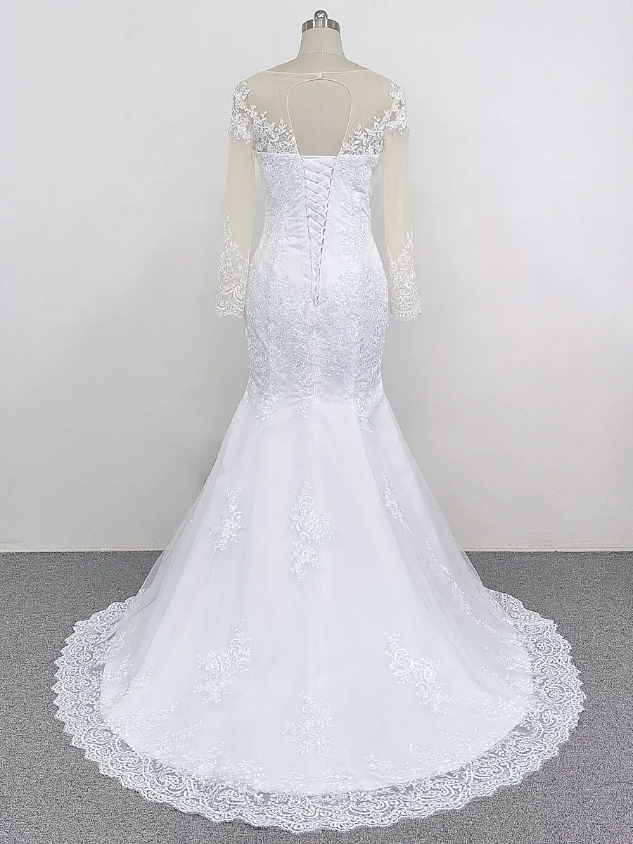 Lace Appliques Mermaid Wedding Dresses Long Sleeves Lace up Back Bridal Gowns Robe White Real Dress