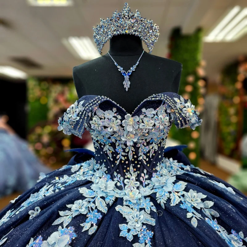 

Shiny Dark Blue Quinceanera Dresses Off the Shoulder Glitter Crystal Decal 3D Flower Long tail Vestido De 15 Quinceanera Customi
