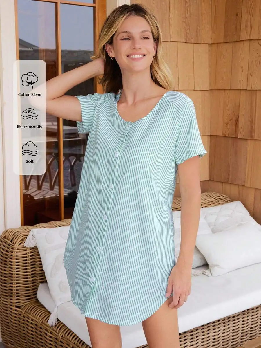 

Womens Striped Short Sleeve Button Front Loungewear Nightshirt