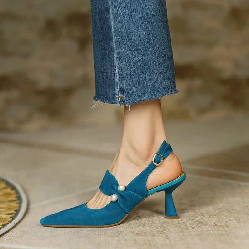 Summer Women Sandals Sheep Suede Leather Shoes for Women Pointed Toe Thin Heel Shoes Cover Toe Slingback Shoe Blue Pearl Sandals