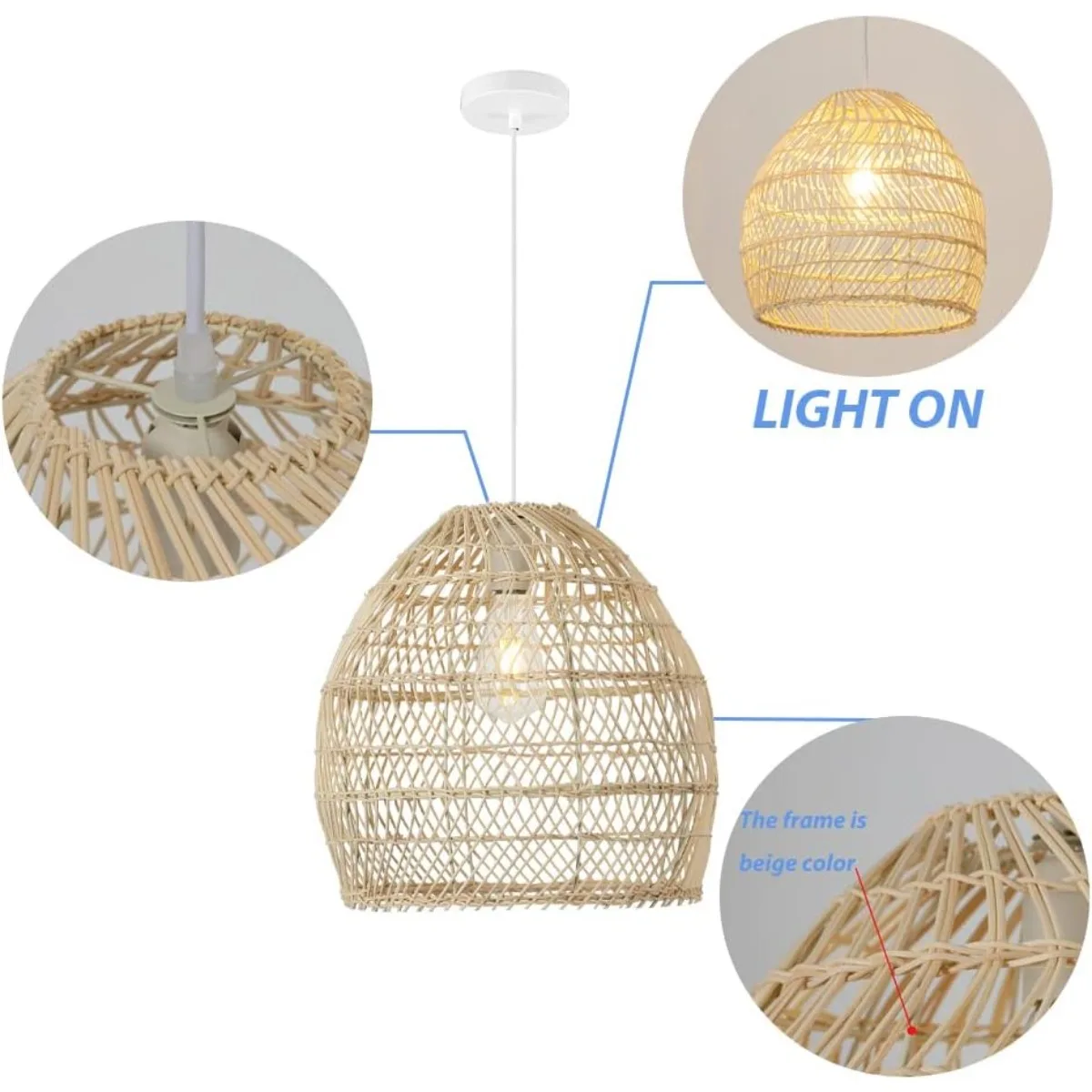 JOYINLED Hand-Woven Bamboo Ceiling Hanging Lamp Natural Beige Boho Pendant Light Kitchen Island Dining Room E27 Lighting Fixture